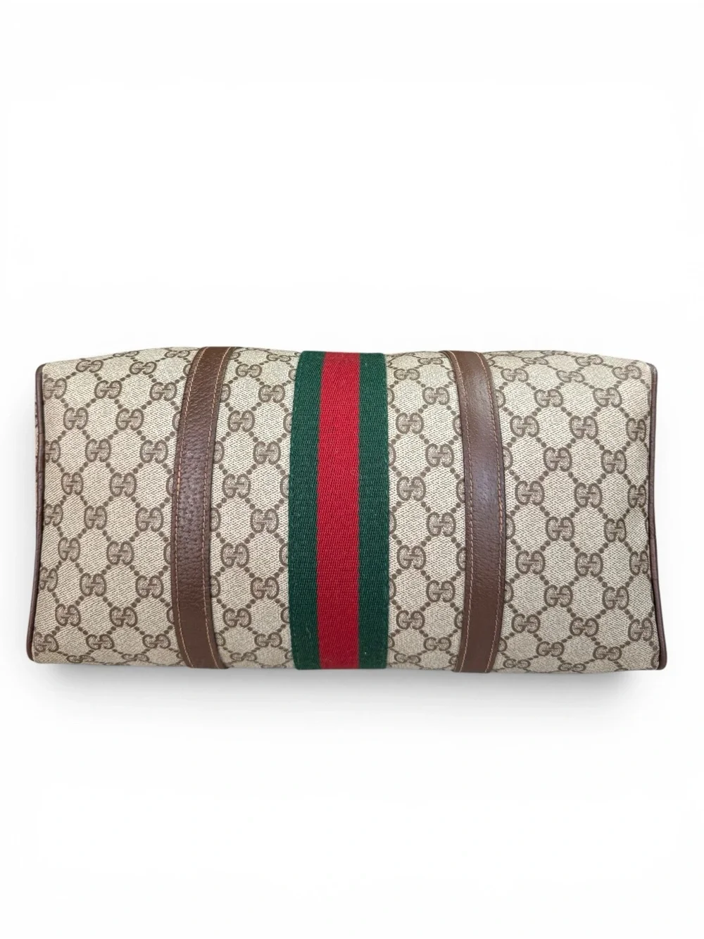 Gucci Beige GG Supreme Canvas Duffel with Brown Leather and Green-Red Web